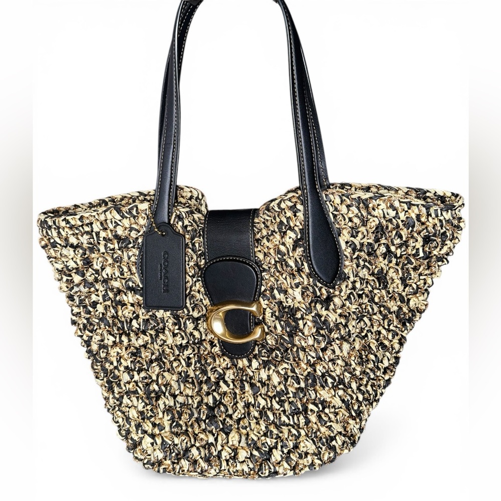 Coach Black & Natural Woven Straw Tote with Gold Hardware